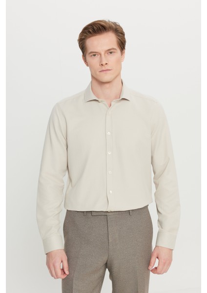 Erkek Bej Slim Fit Dar Kesim Italyan Yaka Armürlü Gömlek