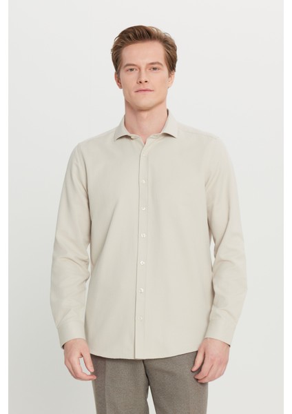 Erkek Bej Slim Fit Dar Kesim Italyan Yaka Armürlü Gömlek modelleri
