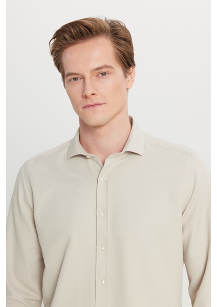 Erkek Bej Slim Fit Dar Kesim Italyan Yaka Armürlü Gömlek fırsatları