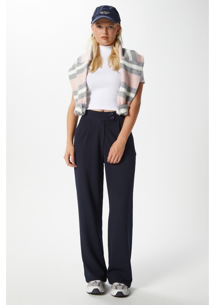 Likra Serisi Move Çift Düğmeli Esnek Lacivert Palazzo Pantolon