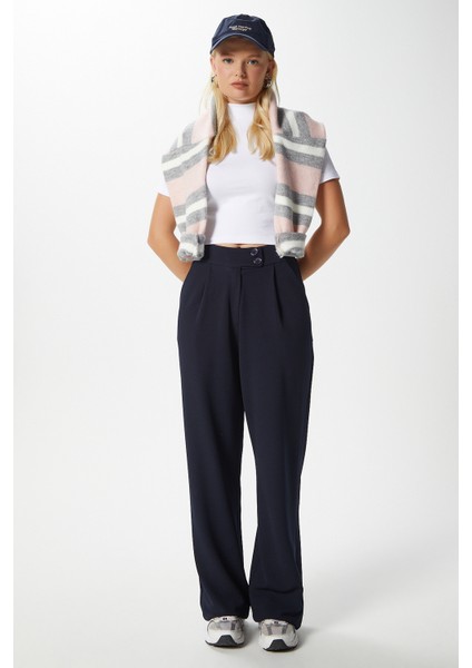 Likra Serisi Move Çift Düğmeli Esnek Lacivert Palazzo Pantolon fiyatları