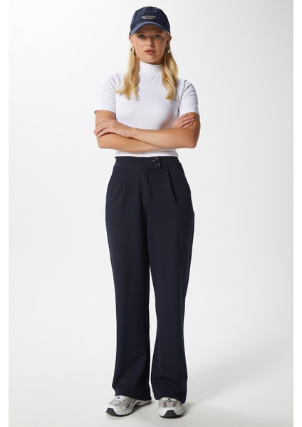 Likra Serisi Move Çift Düğmeli Esnek Lacivert Palazzo Pantolon modelleri