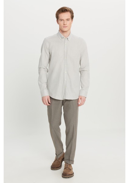 Erkek Gri Slim Fit Dar Kesim Düğmeli Yaka Keten Görünümlü %100 Pamuk Flamlı Gömlek fiyatları