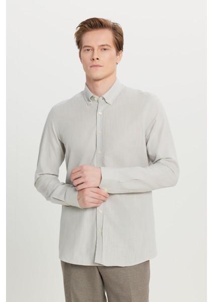 Erkek Gri Slim Fit Dar Kesim Düğmeli Yaka Keten Görünümlü %100 Pamuk Flamlı Gömlek modelleri