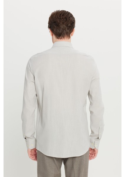 Erkek Gri Slim Fit Dar Kesim Düğmeli Yaka Keten Görünümlü %100 Pamuk Flamlı Gömlek indirimleri