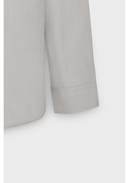 Erkek Gri Slim Fit Dar Kesim Düğmeli Yaka Keten Görünümlü %100 Pamuk Flamlı Gömlek