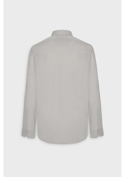 Erkek Gri Slim Fit Dar Kesim Düğmeli Yaka Keten Görünümlü %100 Pamuk Flamlı Gömlek