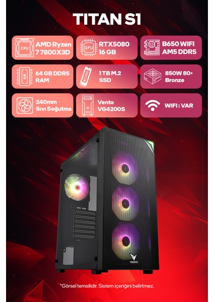 Titan S1 Amd Ryzen 7 7800X3D 64GB Ram 1tb SSD RTX5080 240MM Sıvı Soğutma Freedos Oyuncu Tavsiye Sistem