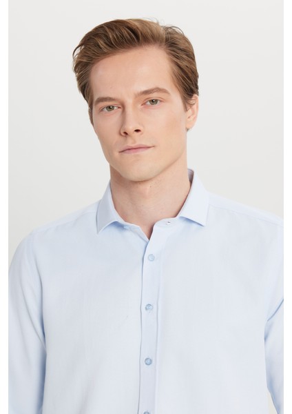 Erkek Mavi Slim Fit Dar Kesim Italyan Yaka Armürlü Gömlek fırsatları
