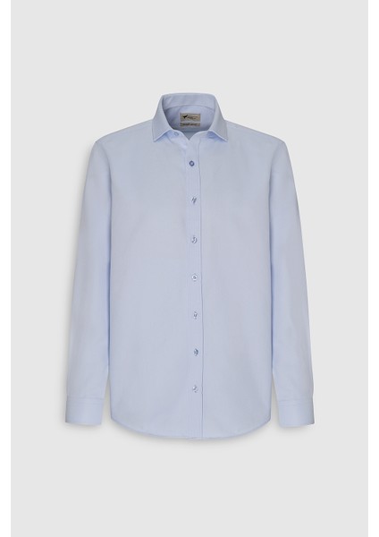 Erkek Mavi Slim Fit Dar Kesim Italyan Yaka Armürlü Gömlek
