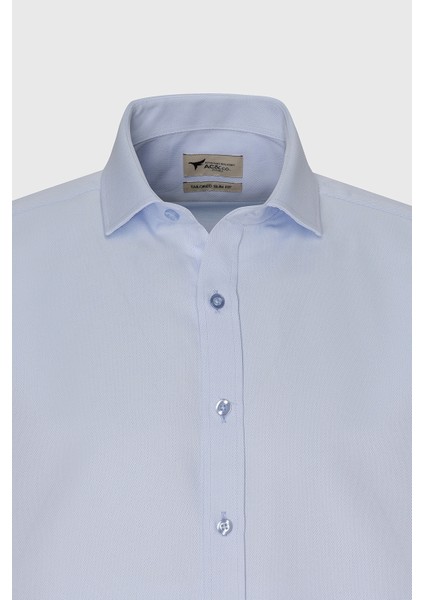 Erkek Mavi Slim Fit Dar Kesim Italyan Yaka Armürlü Gömlek