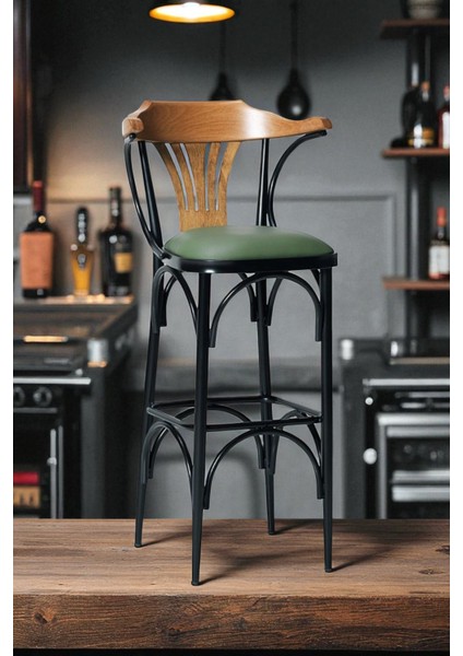 Bar Sandalyesi Yeşil-Kahve Renkli 169 / 75 cm - Oturma Yüksekliği 75 cm - Metal İskelet - Deri Oturum - Ahşap Sırt ve Kolçak fiyatları