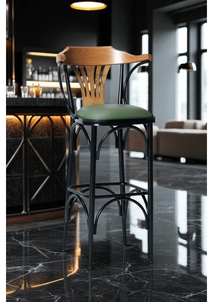Bar Sandalyesi Yeşil-Kahve Renkli 169 / 75 cm - Oturma Yüksekliği 75 cm - Metal İskelet - Deri Oturum - Ahşap Sırt ve Kolçak modelleri
