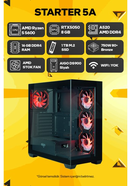 Starter 5A Amd Ryzen 5 5600 16GB Ram 1tb SSD RTX5050 8gb Freedos Oyuncu Tavsiye Sistem