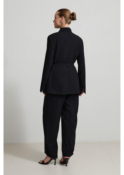 Siyah Belden Bağlama Detaylı Ceket Rahat Kesim Pantolonlu Takım indirimleri