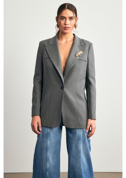 Antrasit Yakada Broş Ve Tek Düğme Detaylı Ceket