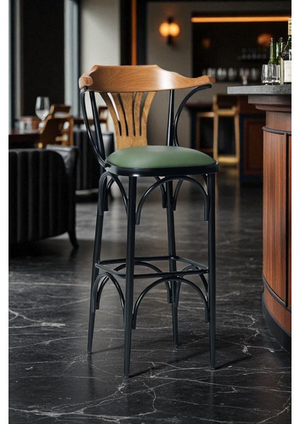 Denge Serisi 65 cm Yeşil Ada Mutfak Bar Sandalyesi Suni Deri Siyah Metal Ayaklı
