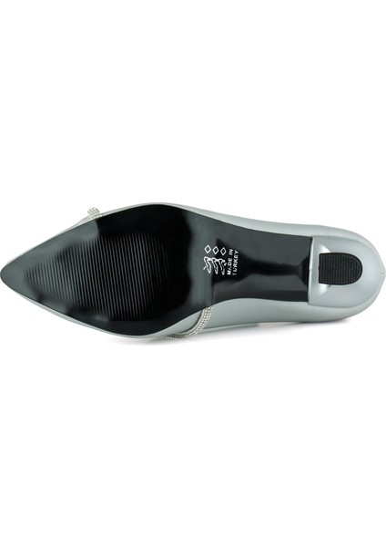 Roland Gümüş Saten Taşlı Sivri Burun İnce Kadeh Topuklu Abiye Ayakkabı