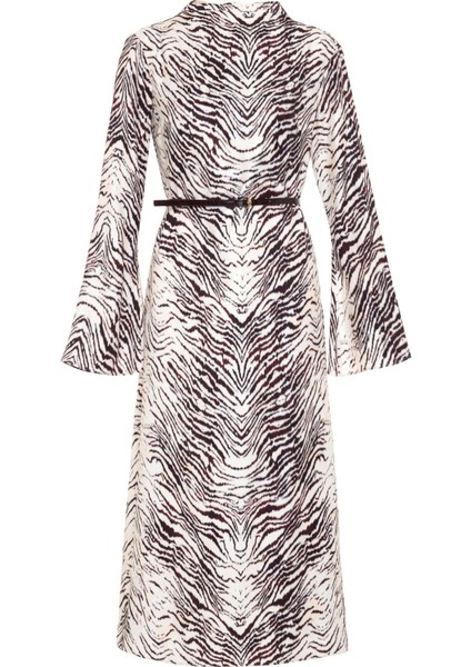 Ekru-Bordo Belden Kemer Detaylı Uzun Kollu Desenli Midi Boy Elbise modelleri