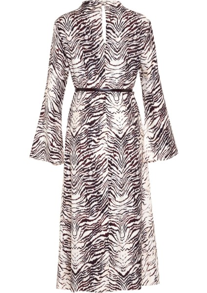 Ekru-Bordo Belden Kemer Detaylı Uzun Kollu Desenli Midi Boy Elbise fırsatları