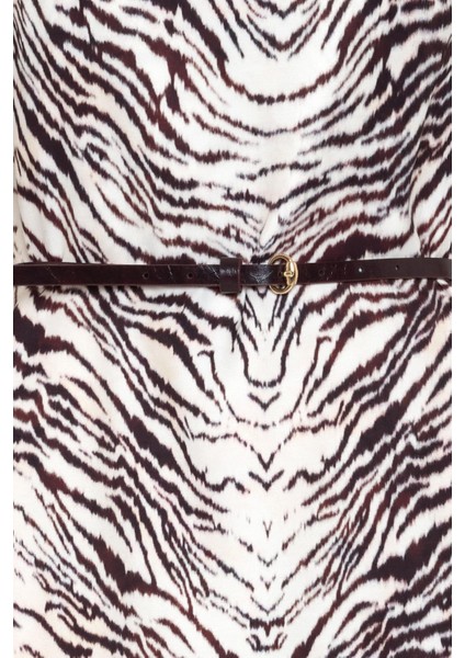 Ekru-Bordo Belden Kemer Detaylı Uzun Kollu Desenli Midi Boy Elbise indirimleri