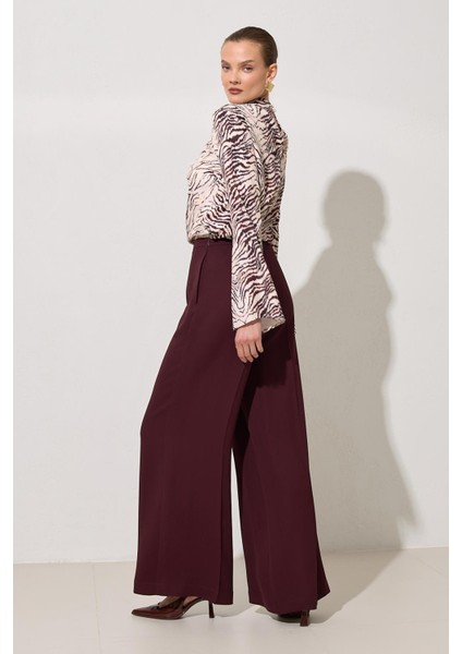Bordo Rahat Kesim Geniş Paça Pantolon modelleri