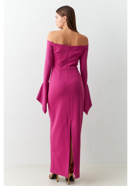 Fuşya Dar Kalıp Omuz Ve Kol Detaylı Maxi Boy Elbise modelleri