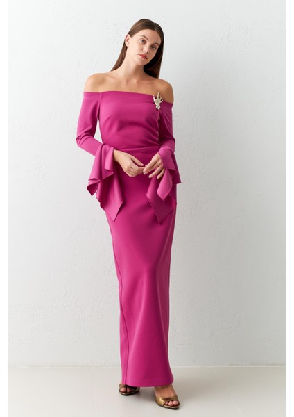 Fuşya Dar Kalıp Omuz Ve Kol Detaylı Maxi Boy Elbise indirimleri