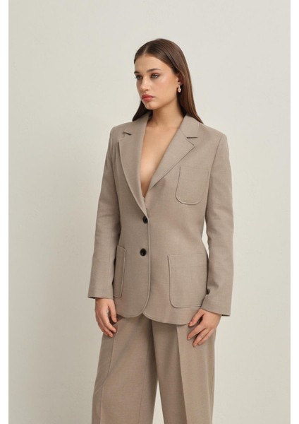 Bej Cep Detaylı Belden Oturtmalı Ceket modelleri