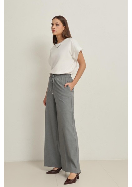 Gri Belden Lastikli Rahat Kesim Geniş Paça Pantolon modelleri