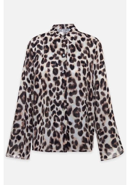 Krem - Acı Kahve Leopar Desenli Uzun Kollu Rahat Kesim Gömlek indirimleri