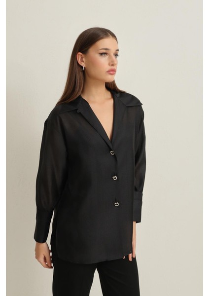 Siyah Ceket Yaka Dökümlü Gömlek modelleri