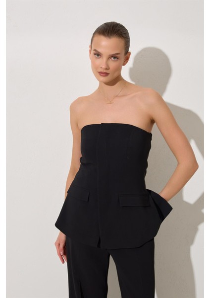 Siyah Straplez 2 Parça Görünümlü Pantolonlu Tulum modelleri