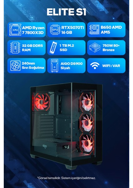 Elite S1 Amd Ryzen 7 7800X3D 32GB Ram 1tb SSD RTX5070TI 240MM Sıvı Soğutma Freedos Oyuncu Tavsiye Sistem
