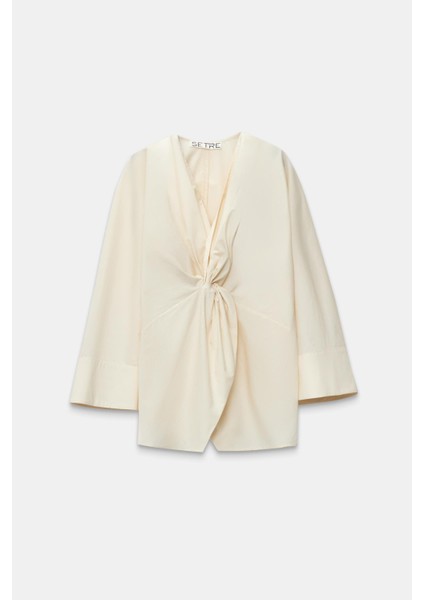 Krem V Yaka Büzgü Detaylı Pamuklu Gömlek modelleri