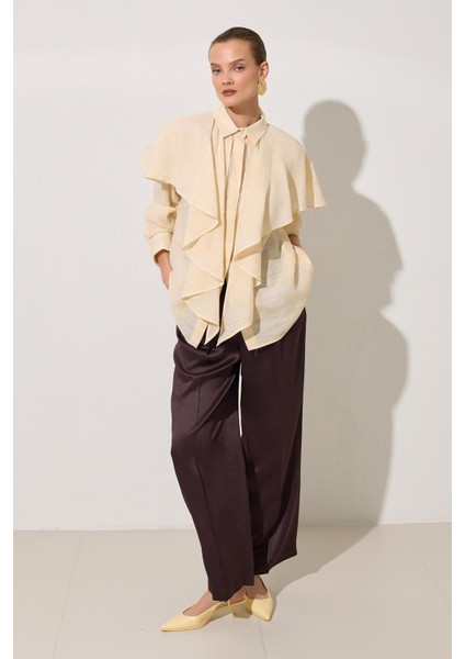 Krem Dökümlü Rahat Kesim Uzun Kollu Gömlek fiyatları