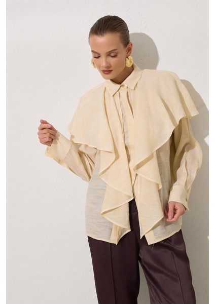 Krem Dökümlü Rahat Kesim Uzun Kollu Gömlek modelleri