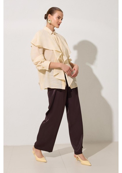 Krem Dökümlü Rahat Kesim Uzun Kollu Gömlek fırsatları