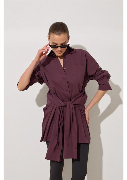 Bordo %100 Pamuklu Belden Bağlama Detaylı Uzun Kollu Gömlek fiyatları