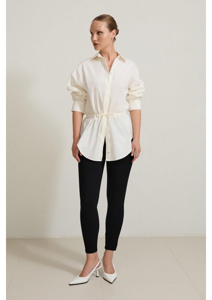 Ekru Belden Büzgü Detaylı Uzun Kollu Gömlek