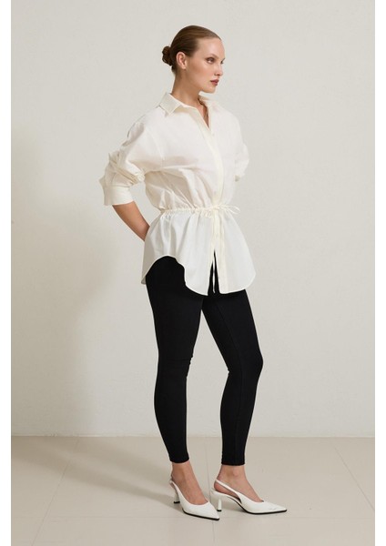 Ekru Belden Büzgü Detaylı Uzun Kollu Gömlek fiyatları