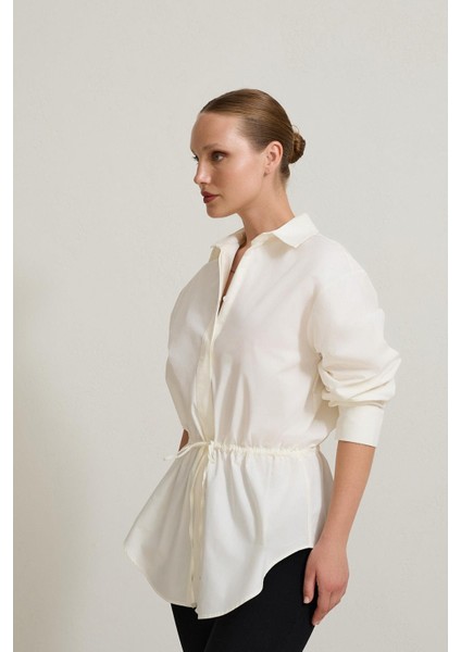 Ekru Belden Büzgü Detaylı Uzun Kollu Gömlek modelleri