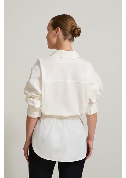 Ekru Belden Büzgü Detaylı Uzun Kollu Gömlek indirimleri