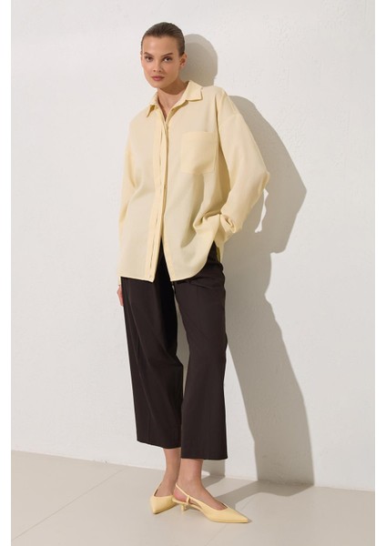Tereyağ Sarısı Gizli Düğme Detaylı Uzun Kollu Gömlek modelleri
