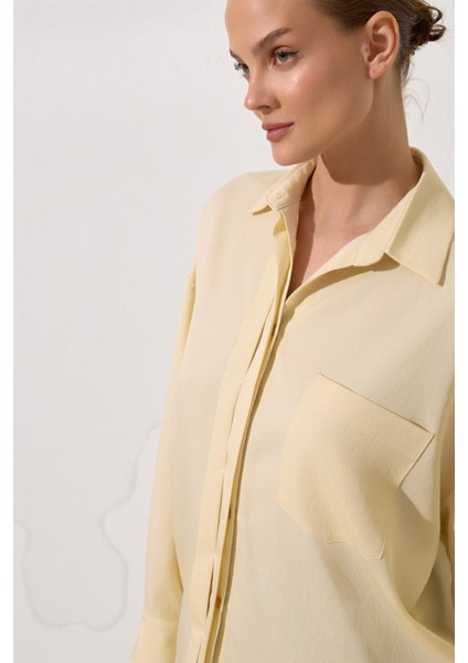 Tereyağ Sarısı Gizli Düğme Detaylı Uzun Kollu Gömlek fırsatları