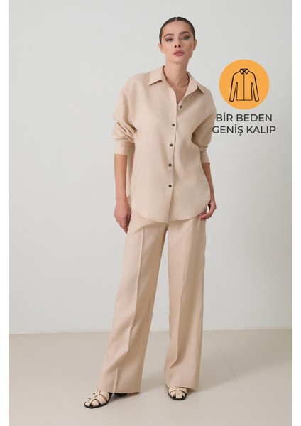 Bej %100 Keten Uzun Kollu Oversize Gömlek