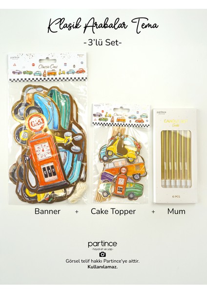 3 Parça Klasik Arabalar Tema Pasta Süsü Cake Topper Banner ve 6 Adet Metalik Gold Mum Doğum Günü Süsleme Parti Seti