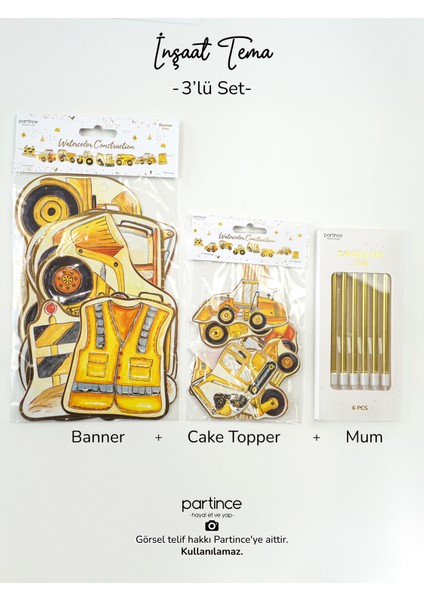 3 Parça Inşaat Tema Pasta Süsü Cake Topper Banner ve 6 Adet Metalik Gold Mum Doğum Günü Süsleme Parti Seti