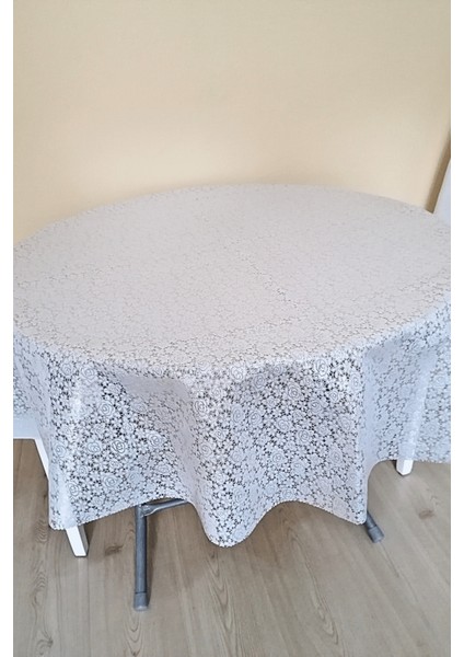 Üstü Şeffaf Muşamba Kaplama Dantel Görünüm Yuvarlak Masa Örtüsü -137 cm Çap -Beyaz Renk-Cck