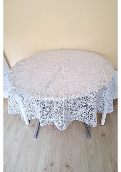 Üstü Şeffaf Muşamba Kaplama Dantel Görünüm Yuvarlak Masa Örtüsü -137 cm Çap -Beyaz Renk-Hsr